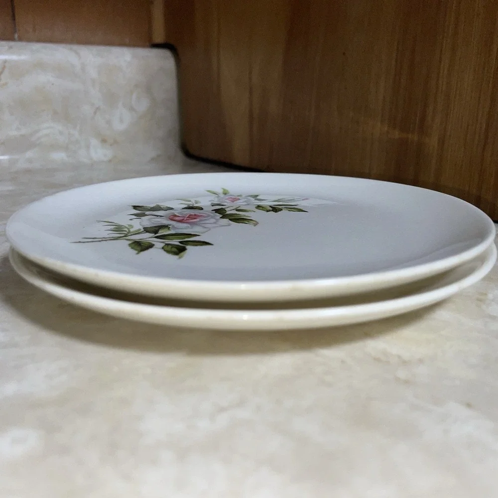 Pair of MINT! Crooksville‎ vintage saucers white roses with leaves, USA I-X